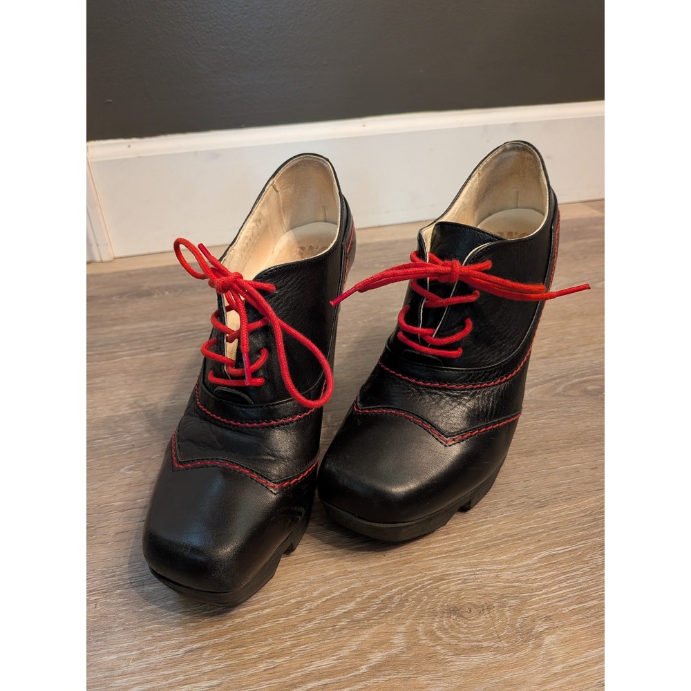 Prophecy Our Secret Black Leather Red Stitch Platform Lace Up Block Heels Bootie